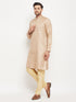 Vastramay Men's Beige Matka Silk Kurta and Gold Pant Style Pyjama Set